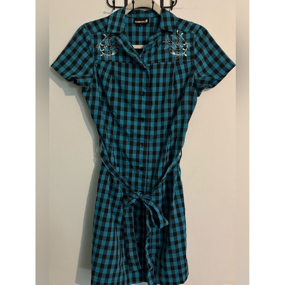 Sourpuss Womens Sz Small Teal Black Plaid Button Down Shirt Dress Belted Sparrow